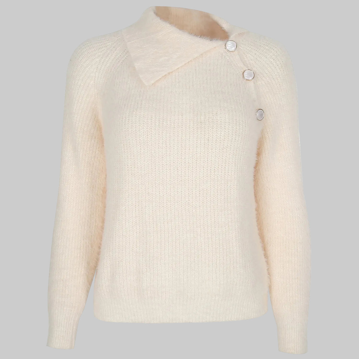 Women's Fuzzy Knit Button Shoulder Sweater in Cream – Fold-Over Collar Eyelash Knit Pullover One Size | The Pretty Pistol