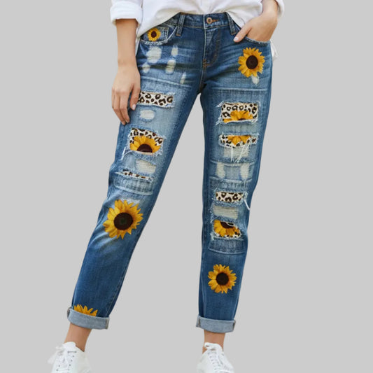 Sunflower & Cheetah Patch Ripped Jeans in Blue - High Waist Button Fly Slim Straight Leg Rolled Cuffs Sizes S-2XL | The Pretty Pistol