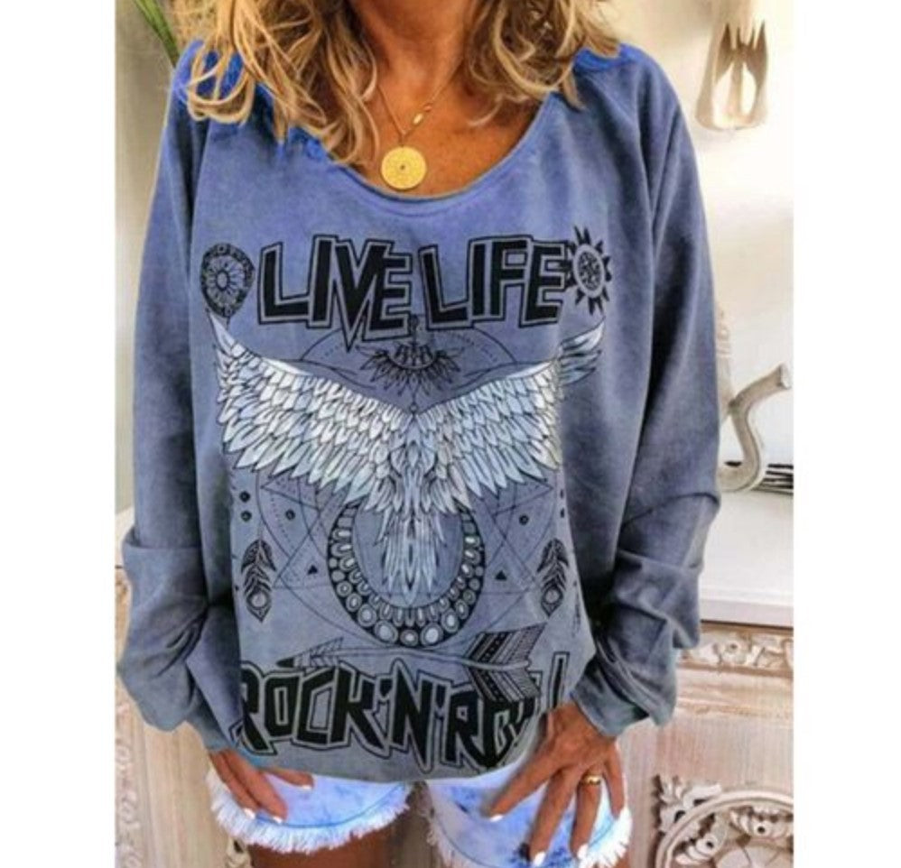 Casual Round Neck Long Sleeve Letter Wings T-Shirt up to 5XL