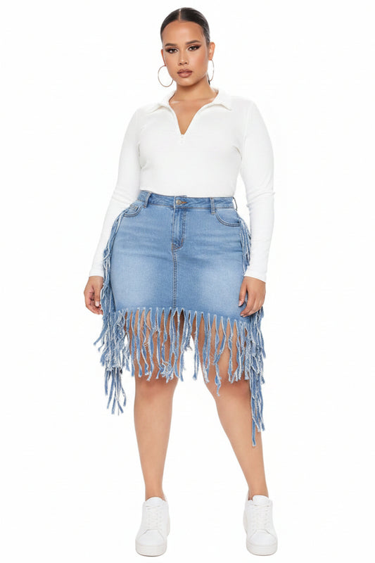 Fringed Plus-Size Denim Skirt for Women up to 5XL