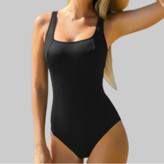 Women's Black Square Neck Sports One-Piece Swimsuit – Built-In Chest Support, Quick-Dry, Chlorine-Resistant, XS-XL | The Pretty Pistol