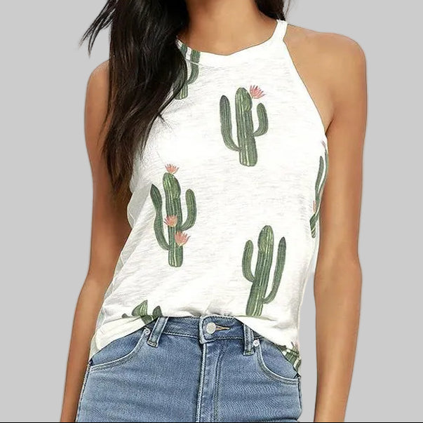 Women’s Cactus Print Tank Top in White – Green Cactus Graphics with Pink Flower Accents, Sleeveless High Neck, Sizes S–XL | The Pretty Pistol