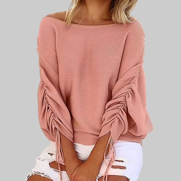 Off-Shoulder Ribbed Knit Sweater in Pink – Ribbed Knit Fabric, Long Sleeves, Off-Shoulder Neckline, Ruched Detail, Sizes S-XL | The Pretty Pistol