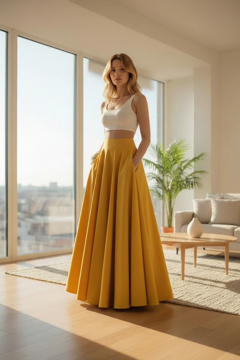 Long Pleated Skirt, High Waist Half Skirt