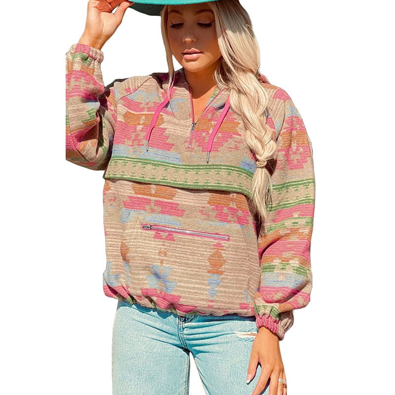 Aztec Print Zip-Up Hoodie for Women in Pink Brown Beige Turquoise Sizes S-2XL | The Pretty Pistol