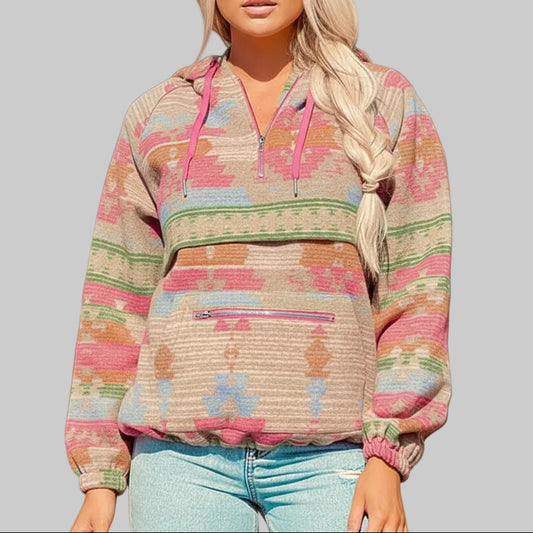 Aztec Print Zip-Up Hoodie for Women in Pink Brown Beige Turquoise Sizes S-2XL | The Pretty Pistol