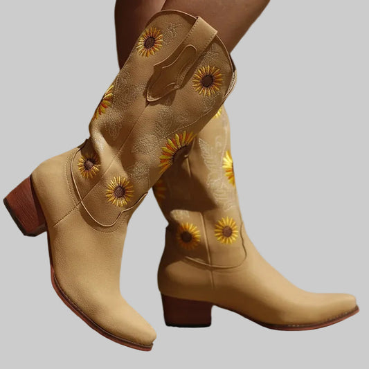 Sunflower Embroidery Western Boots in Cream - Mid-Calf Shaft Pointed Toe Stacked Block Heel Sizes 5-13 | The Pretty Pistol