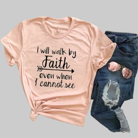 Women’s Walk By Faith Graphic Tee in Peach – Faith Quote and Arrow Graphic, Short Sleeves, Sizes S–3XL | The Pretty Pistol