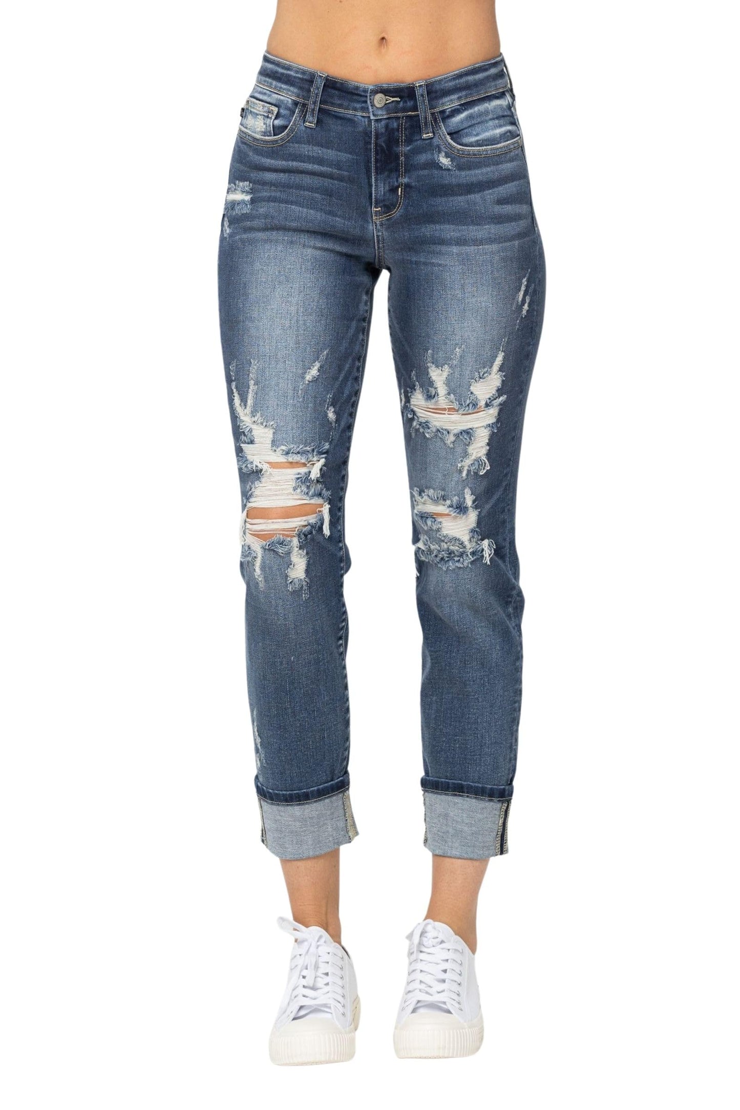 Judy Blue Midrise Cuffed Destroy Boyfriend Jeans