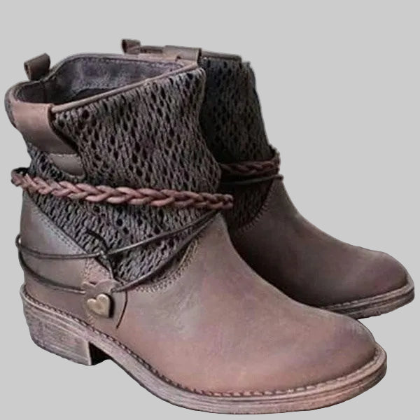 Women’s Braided Cuff Ankle Boots in Brown – Textured Cuffs, Braided Wrap Detail, Heart Accents, Low Block Heels | The Pretty Pistol