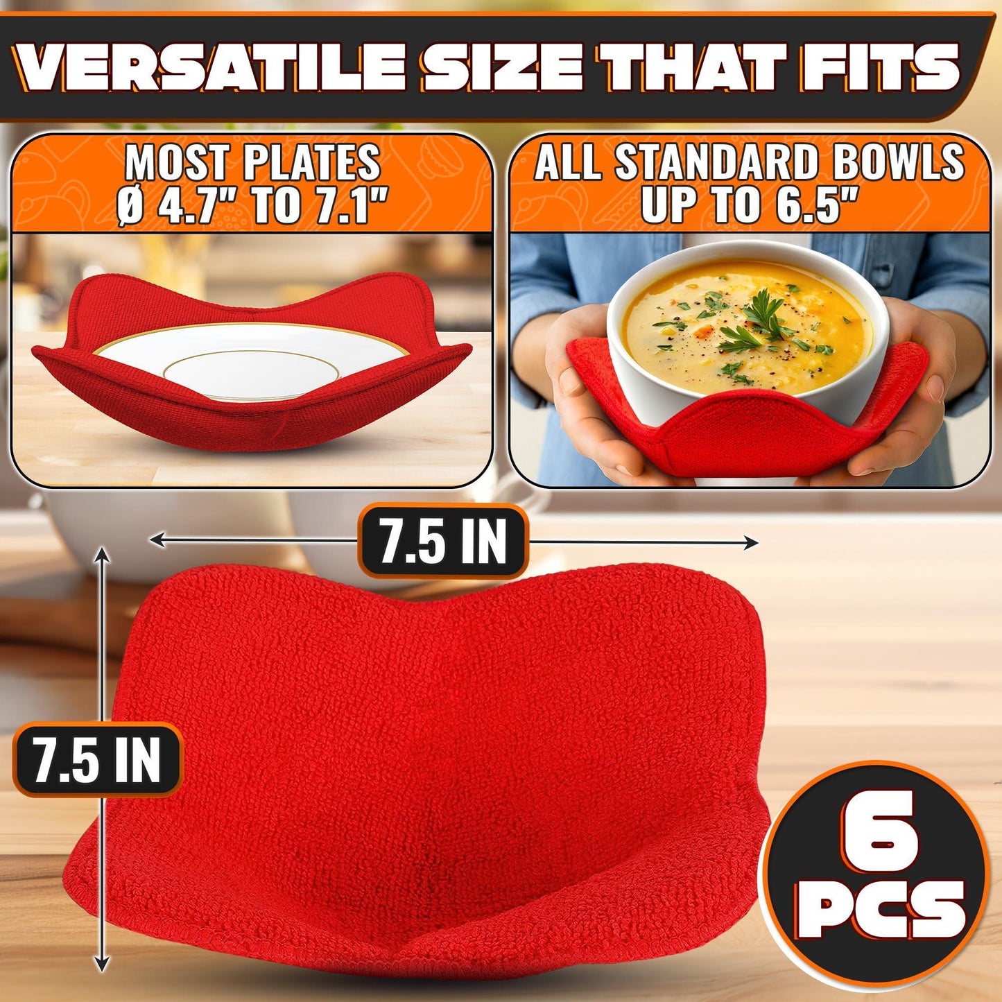 6 Pcs Soup Bowl Holders for Hot Food Heat Resistant Fabric Soup Cozy Bowl Warmer Holder for Kitchen Fits Standard Dishes up to 6.5  & Plates 7.1  – Washable & Reusable  Safe Handling & Trivet Use