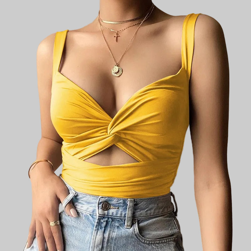 Women’s Twist-Front Cutout Tank in Mustard Yellow – V Neck, Twisted Front, Cropped Fit, Sizes S–XL | The Pretty Pistol