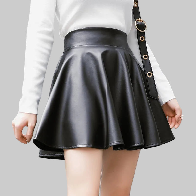 Women’s Midnight Spin Black Faux Leather Skater Mini Skirt – Flared Pull-On Style, Sizes S–2XL | The Pretty Pistol