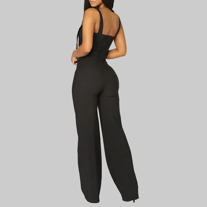 Straight-Leg Jumpsuit in Black – back view with zipper closure, Solid Color, Sizes S-L | The Pretty Pistol