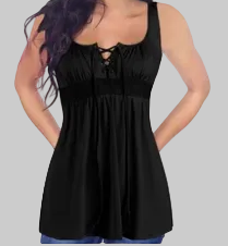 Black lace-up front empire waist flowy babydoll tank top with square sweetheart neckline, styled with jeans | The Pretty Pistol
