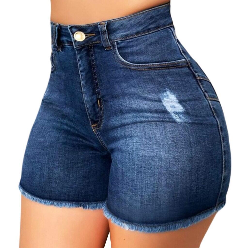 Elastic Slim Fit Ripped Fringe Denim Shorts for Women up to 3XL