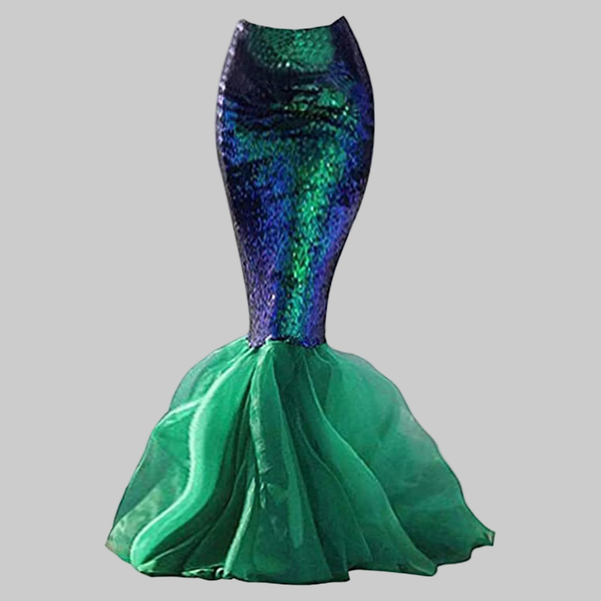 Green and blue iridescent sequin mermaid fishtail skirt with flowing green tulle fin on white background | The Pretty Pistol