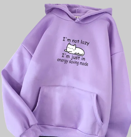 Women’s Energy Saving Mode Cat Graphic Hoodie in Purple – Relaxed Pullover, Sizes M–4XL | The Pretty Pistol