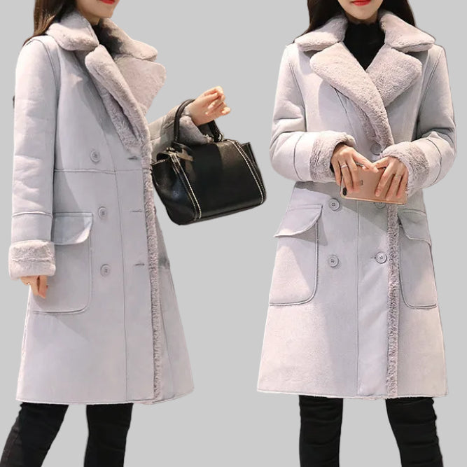 Women's Faux Shearling Lined Long Coat in Pink and Gray – Double-Breasted Suede-Look Winter Coat with Notched Lapel S-2XL | The Pretty Pistol