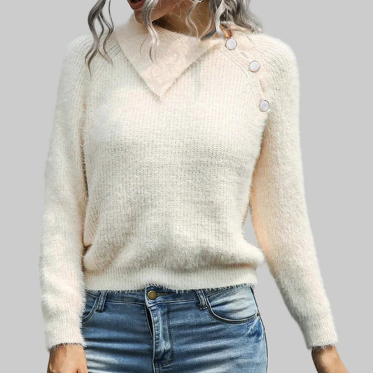 Women's Fuzzy Knit Button Shoulder Sweater in Cream – Fold-Over Collar Eyelash Knit Pullover One Size | The Pretty Pistol