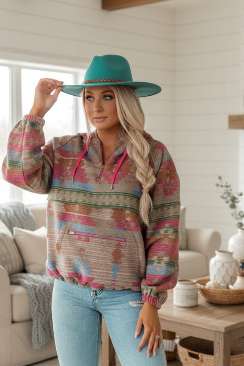 Aztec Print Zip-Up Hoodie for Women in Pink Brown Beige Turquoise Sizes S-2XL | The Pretty Pistol