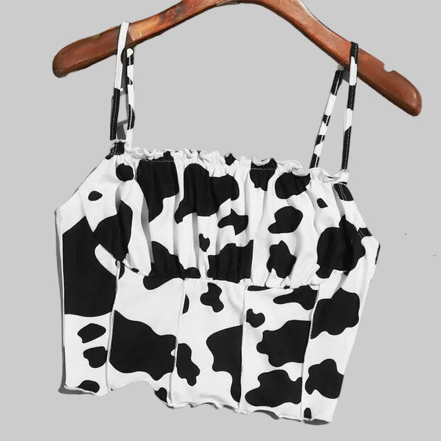Women’s Western Cow Print Ruched Bust Top in Black and White – Gathered Front, Slim Straps, Sizes S–XL | The Pretty Pistol