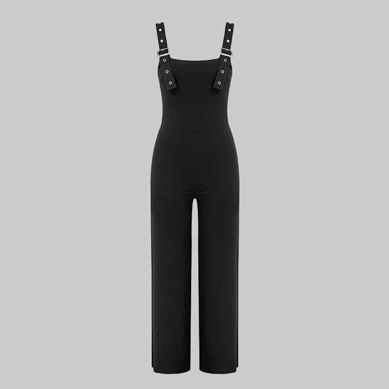 Straight-Leg Jumpsuit in Black – Silver Eyelets and Buckle Detail, Solid Color, Sizes S-L | The Pretty Pistol