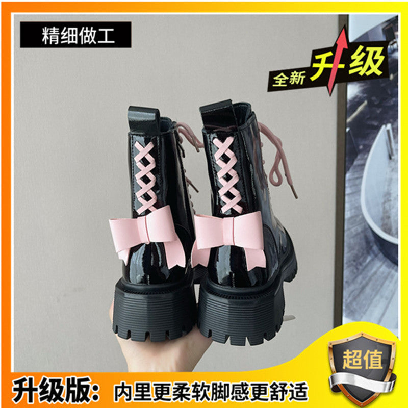Pink Bow Patent Leather Martin Boots for Women