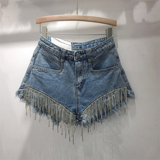 Chic Sparkle Tassel Denim Shorts