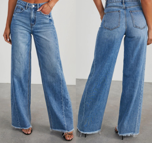 High Waist Blue Loose Fit Straight Denim Pants for Women
