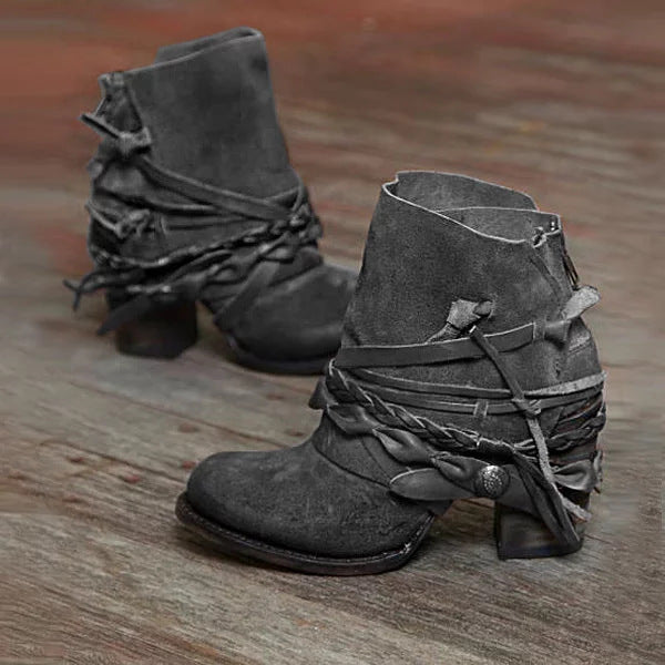 Boho Fringe Wrap Ankle Boots in Grey - Distressed Faux Leather Wraparound Strap Stacked Block Heel Side Zip Sizes 4-13 | The Pretty Pistol