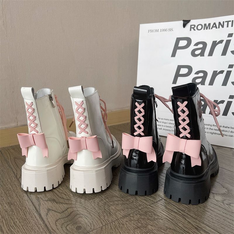 Pink Bow Patent Leather Martin Boots for Women