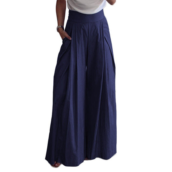 High Waist Wide Leg Palazzo Pants in Blue - Pleated Front Side Pockets Flowy Silhouette Sizes M-5XL | The Pretty Pistol