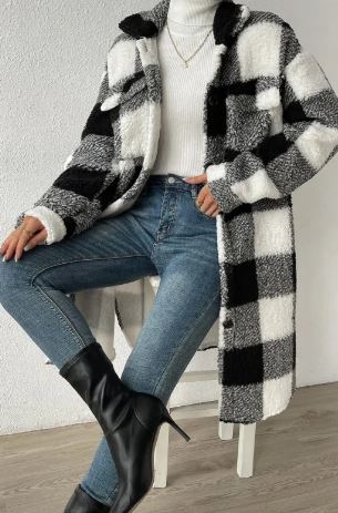 Women Long Plaid Fleece Jacket