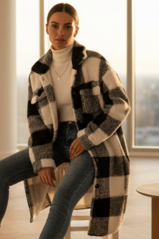 Women's Long Plaid Fleece Shacket in Black and White - Button Front Chest Pockets Relaxed Fit Sizes S-XL | The Pretty Pistol