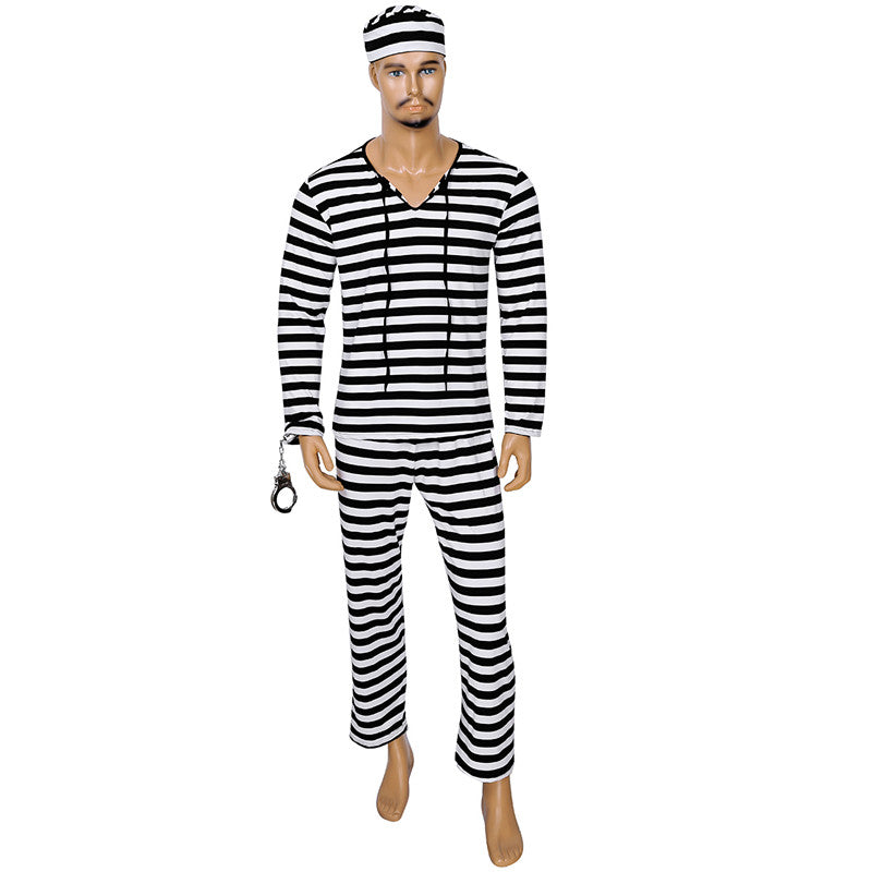 Adult Halloween Black and White Striped Prisoner Costume