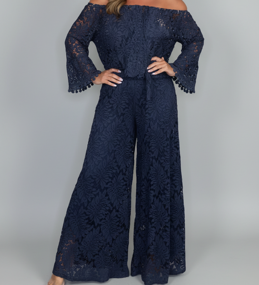 Off-Shoulder Floral Lace Blouse & Wide Leg Pants Set in Dark Blue – S-5XL | The Pretty Pistol