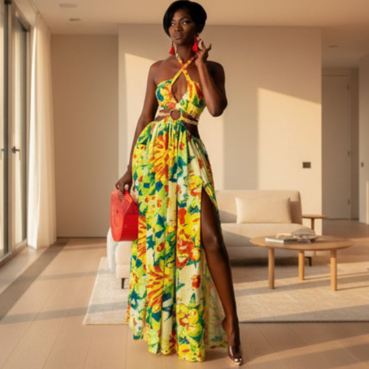Printed Cutout Ring Halter Maxi Dress in Tropical Floral - Deep Plunge Crossover Straps Ring Cutout High Front Slit Sizes S-XL | The Pretty Pistol