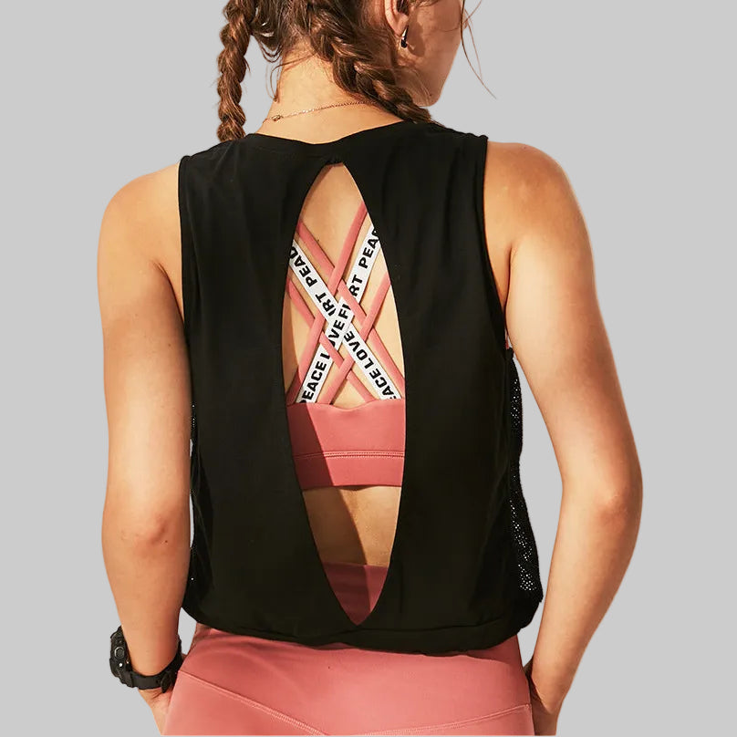 Women’s Open-Back Mesh Workout Tank in Black – Sleeveless, Mesh Side Panels, Drawstring Hem, Sizes S–L | The Pretty Pistol