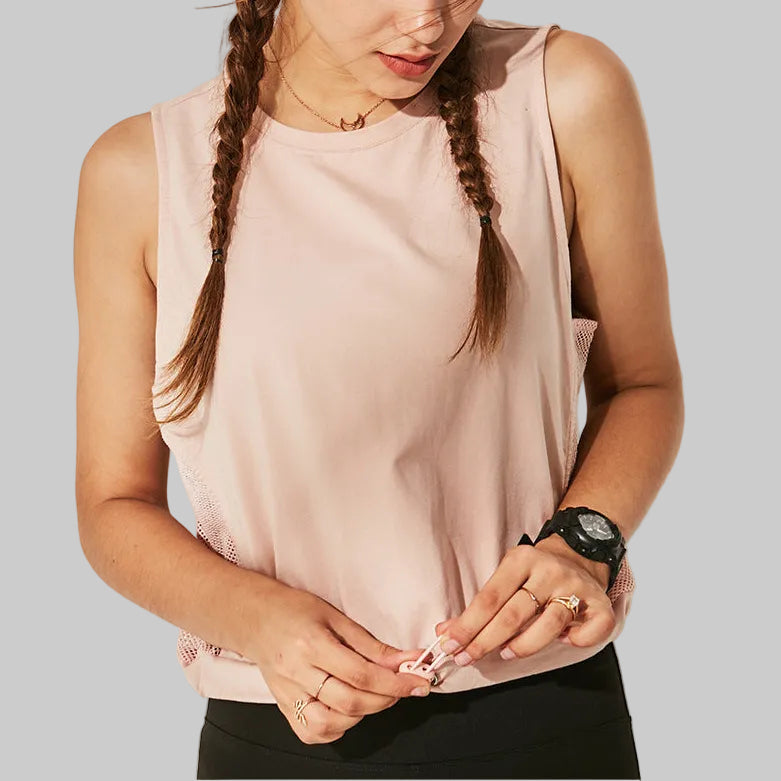 Women’s Open-Back Mesh Workout Tank in Pink – Sleeveless, Mesh Side Panels, Drawstring Hem, Sizes S–L | The Pretty Pistol