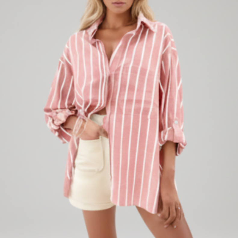 Pink and white vertical striped button-down oversized shirt with point collar, chest pocket, and long roll-tab sleeves | The Pretty Pistol