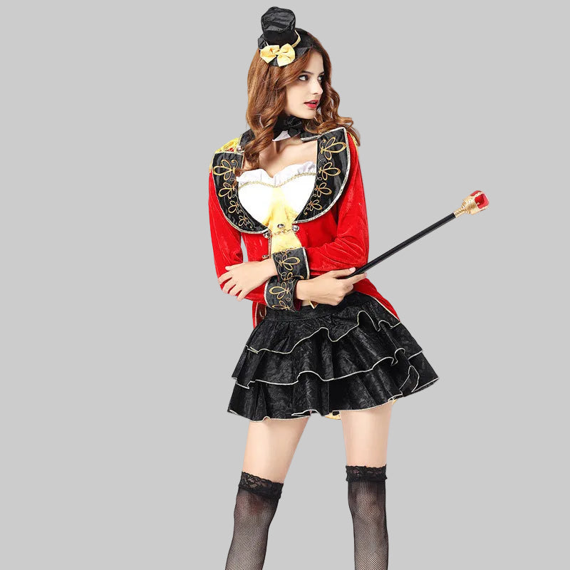 Women's ringmaster circus costume with red velvet tailcoat, gold vest, ruffled mini skirt and mini top hat | The Pretty Pistol