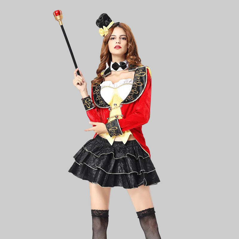 Women's ringmaster circus costume with red velvet tailcoat, gold vest, ruffled mini skirt and mini top hat | The Pretty Pistol