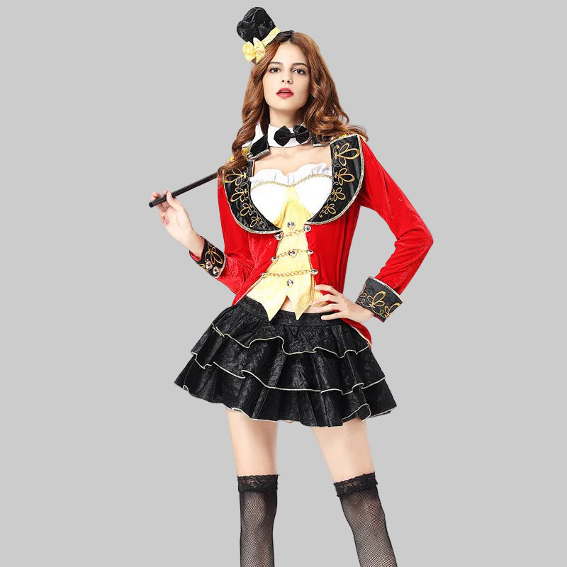 Women's ringmaster circus costume with red velvet tailcoat, gold vest, ruffled mini skirt and mini top hat | The Pretty Pistol