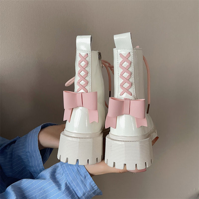 Pink Bow Patent Leather Martin Boots for Women