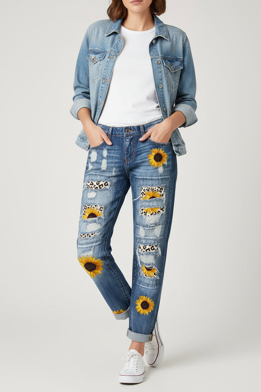 Sunflower & Cheetah Patch Ripped Jeans in Blue - High Waist Button Fly Slim Straight Leg Rolled Cuffs Sizes S-2XL | The Pretty Pistol