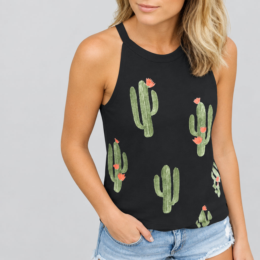 Women’s Cactus Print Tank Top in Black – Green Cactus Graphics with Pink Flower Accents, Sleeveless High Neck, Sizes S–XL | The Pretty Pistol