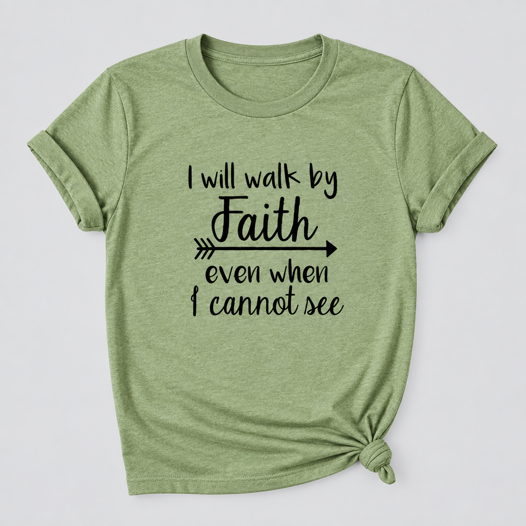Women’s Walk By Faith Graphic Tee in Olive – Faith Quote and Arrow Graphic, Short Sleeves, Sizes S–2XL | The Pretty Pistol