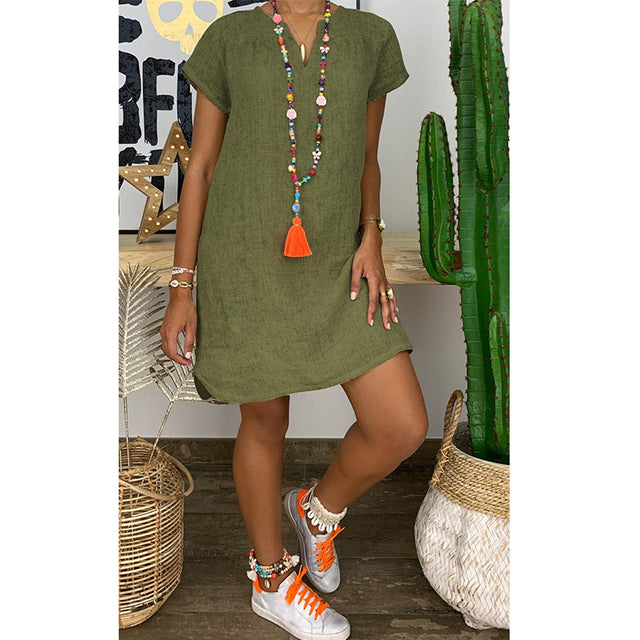 Casual V-Neck Cotton Linen Dress in Several Colors up to 5XL
