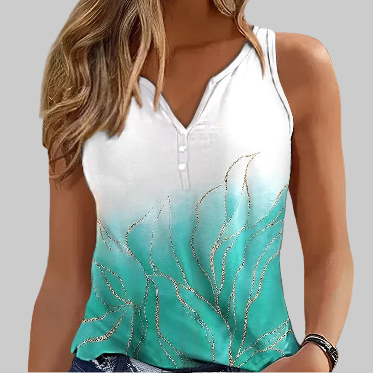 Women’s Mix It Up Sleeveless Tank in Turquoise & White – Notched Neckline, Palm-Inspired Print, Available Sizes S–2XL | The Pretty Pistol
